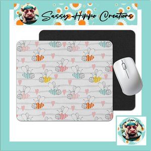 Mouse Pad Colorful Striped Bumble Bees Pink Hearts Sublimated Anti Slip Back